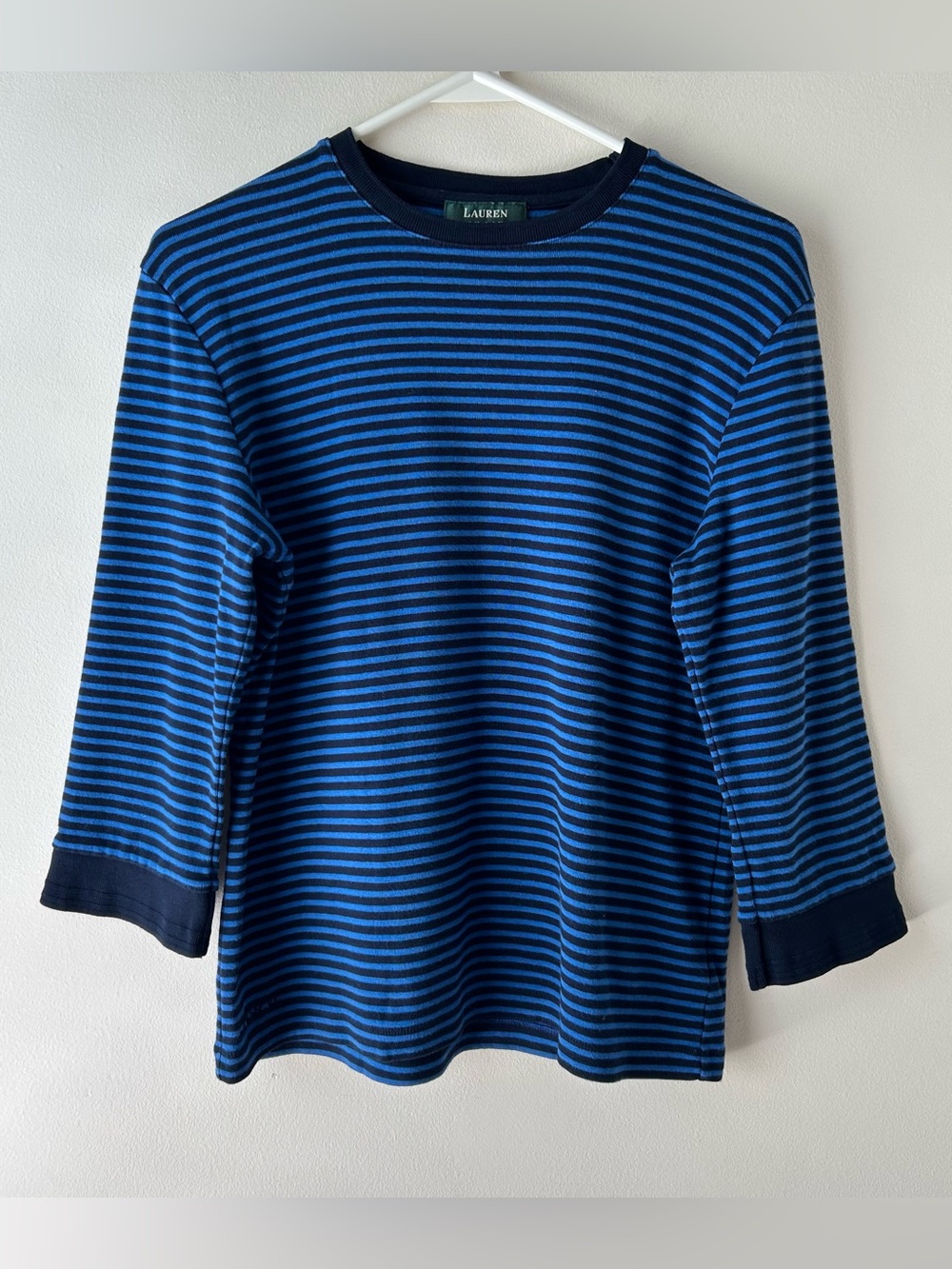 Vintage Lauren Ralph Lauren 100% Cotton 3/4 Sleeve Striped T-Shirt Top Blue L